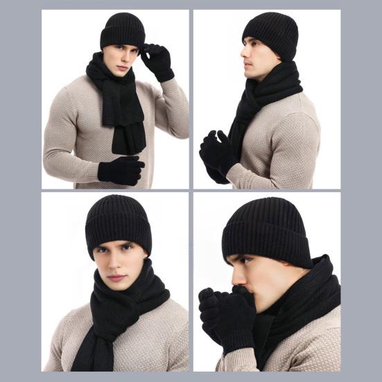 3Pcs/Set Women Winter Hat Scarf Gloves Set Solid Color Knitting Hat Long Scarf Touchscreen Gloves Set Winter Accessories