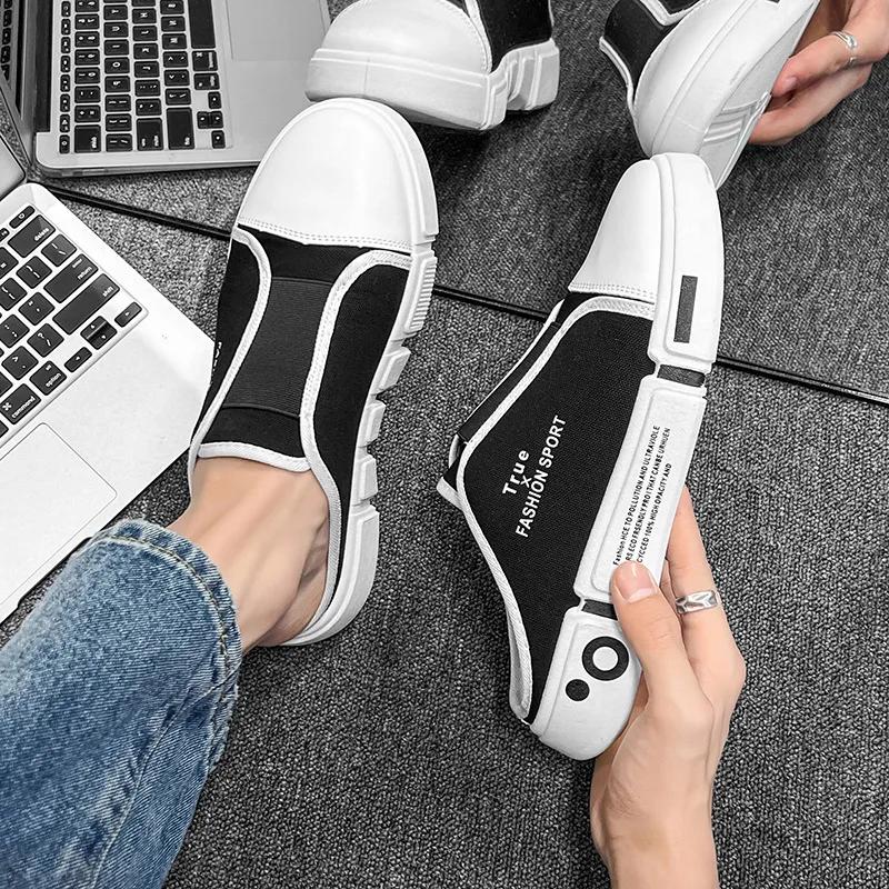 Men's Slippers Baotou Shoes Half Trailer Canvas 2024 Summer New Board Shoes Small White Shoes One Foot Pedal Slippers