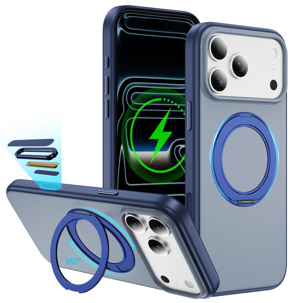 Luxury Metal Magnet Rotating Fold Magnetic Stand Phone Case For 17 Pro Max 17Pro Air Solid Color Matte Frosted PC Cover