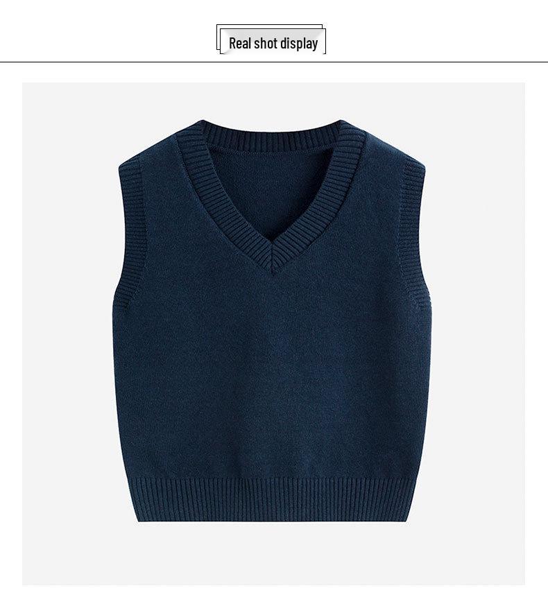 Autumn/Winter Children's Cotton Knit V-Neck Sweater Vest - College Style, Solid Color