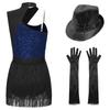 Womens Latin Jazz Dance Outfit Cutout Sleeveless Leotard Shiny Sequins Contrast Color Patchwork Fringed Bodysuit Gloves Hat