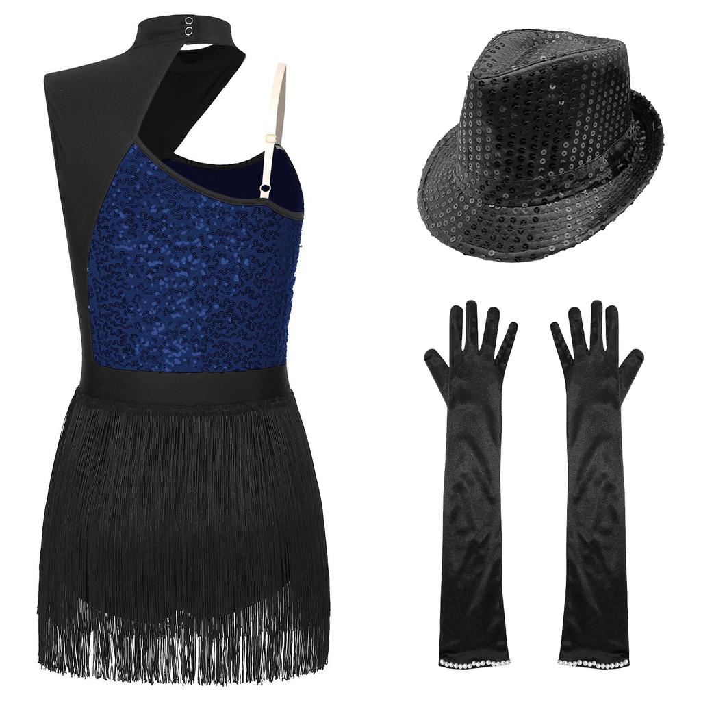 Womens Latin Jazz Dance Outfit Cutout Sleeveless Leotard Shiny Sequins Contrast Color Patchwork Fringed Bodysuit Gloves Hat