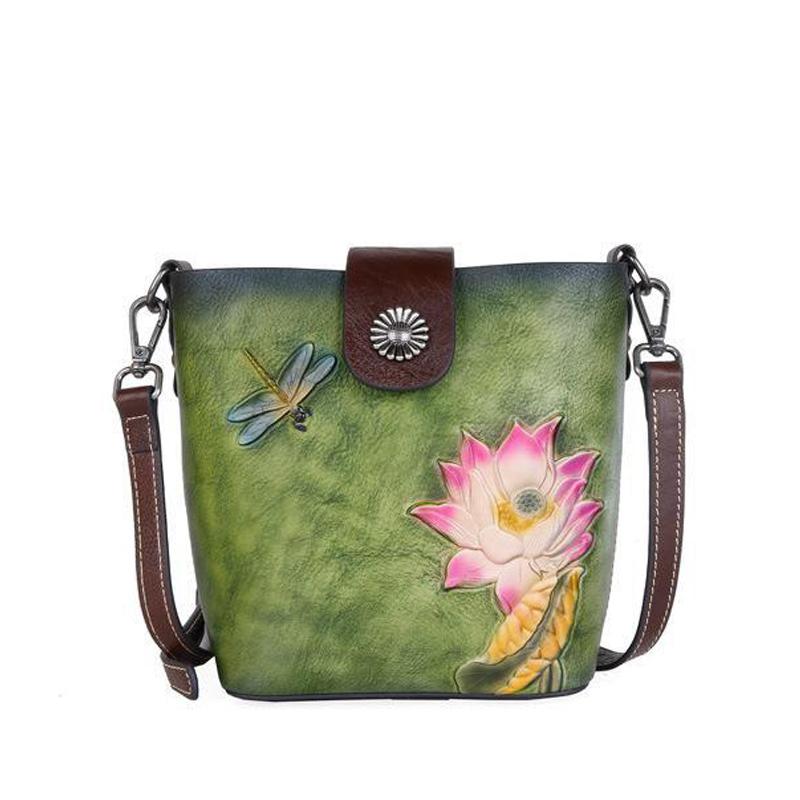 Johnature Женская сумка из коровьей кожи в стиле ретро, ​​маленькие сумки-ведра с тиснением ручной работы, сумки на плечо и через плечо