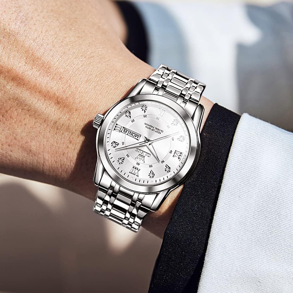 OLEVS Silver Popular Quartz Calendar Waterproof Watch for Men Brand Stainless Steel Stylish Men's [Item]