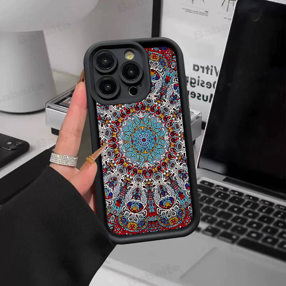 Indian Pattern Mandala Silicone Soft Phone Case For IPhone 17 16 15 14 Plus 13 12 Mini 11 Black Cover