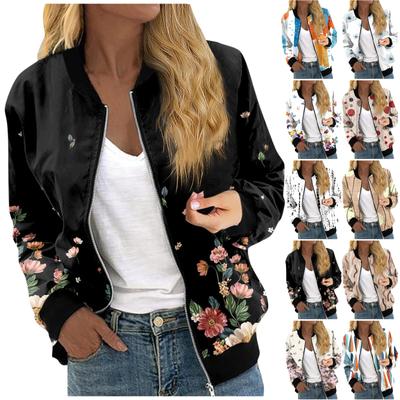 Куртки для женщин, легкие укороченные куртки с длинным рукавом на молнии, модная верхняя одежда с принтом, повседневные стеганые куртки с карманами