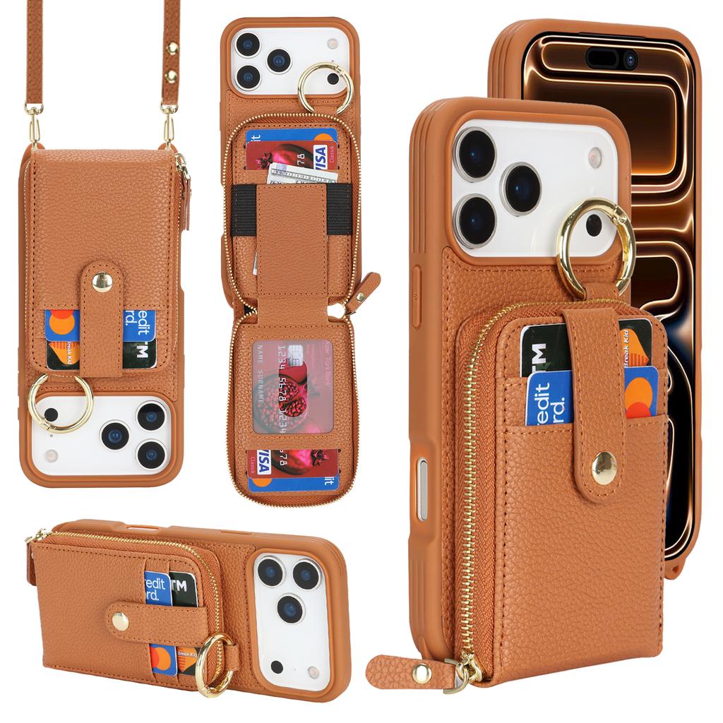 Чехол для iPhone 17 Pro Max с карманом на молнии / Кольцом-подставкой / Ремешком PU с текстурой личи + ТПУ Чехол для телефона