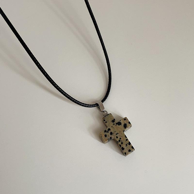 Niche Design Sense Natural Stone Cross Black Rope Necklace Female Simple Sweet Cool Personality Versatile Neck Chain Collarbone Chain