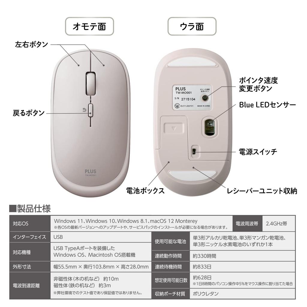 PLUS Mouse Jibuniro Slim Handheld Mouse, Gray, TW-MO001, 428-831