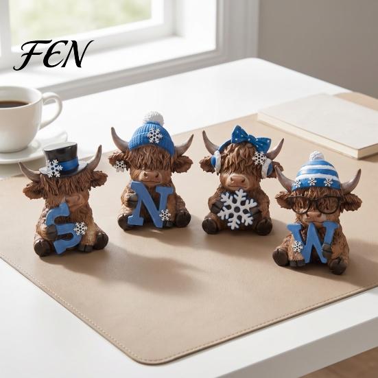 Interior Decoration Pieces 4Pcs Christmas Highland Cow Figurine, Winter Blue Yak Statues with Snowflakes Xmas Ornament Hats, Farmhouse Tabletop
