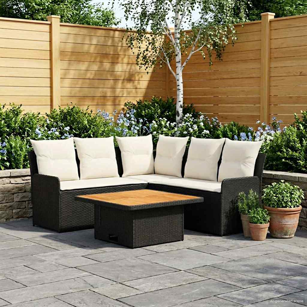 Furniture Set with Cushions 4 pcs Black and Cream PE Rattan