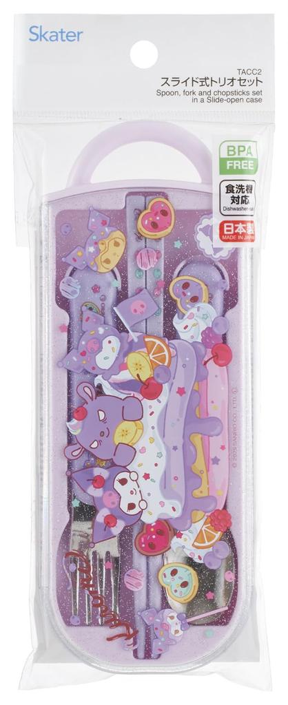 Skater Bento Chopsticks Trio Set Featuring Sanrio and Fancy Snacks for Girls Children's (Chopsticks, Spoon, Fork, 16.5cm) Kuromi, & Sweets, (TACC2-A)