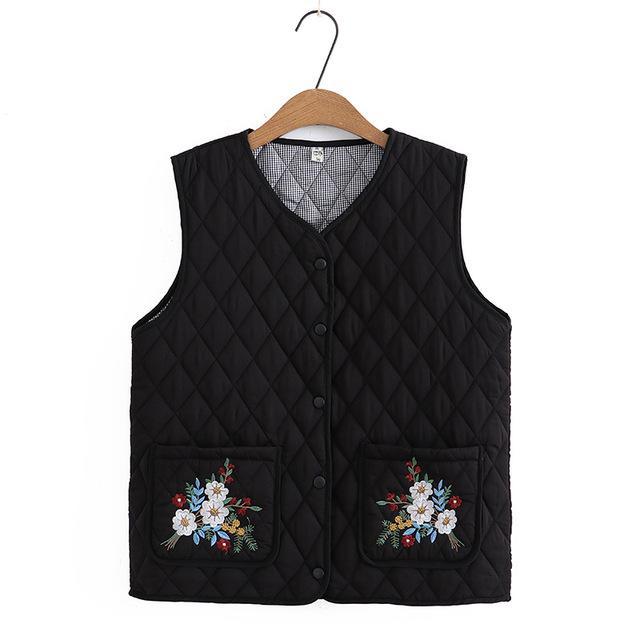 Осенне-зимняя парка больших размеров, женская одежда, куртка без рукавов среднего возраста, модный стеганый жилет с карманами и цветочной вышивкой