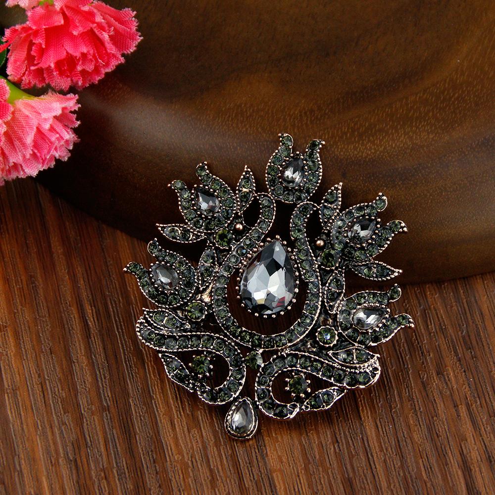 Серые хрустальные турецкие броши для женщин, винтажные золотые цветочные булавки для хиджаба, этнические свадебные украшения, подарок