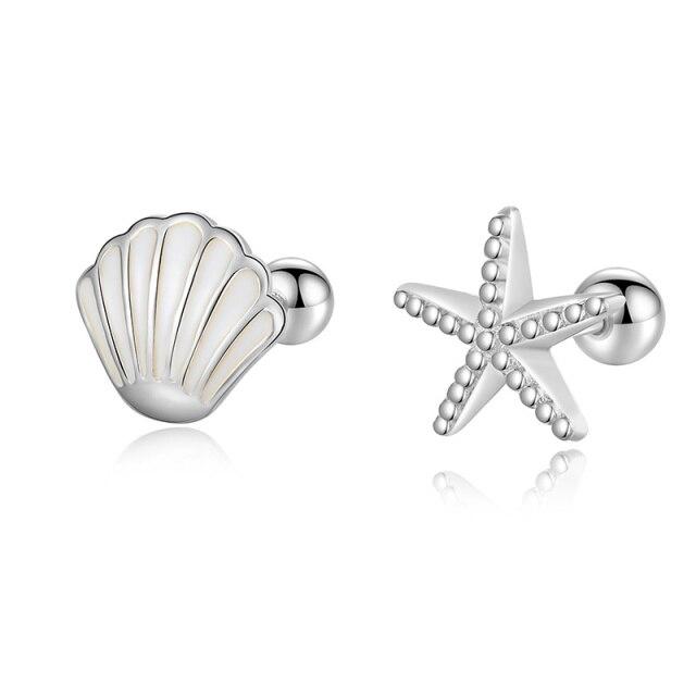 TrustDavis Real 925 Sterling Silver Sweet Asymmetrical Starfish Shells Screw Sted Earrings For Women Daughter Fine Jewelry DA2157
