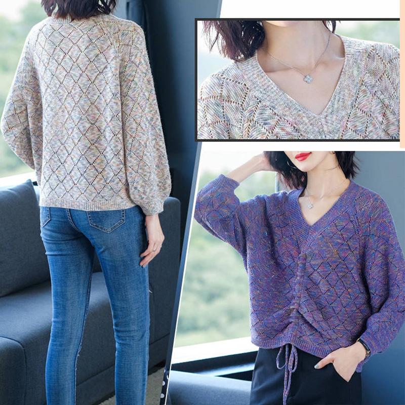 Пуловер с v-образным вырезом, дизайн на шнурке, тонкий вязаный свитер, короткий топ, смешанные цвета, свободная верхняя одежда, весна и осень