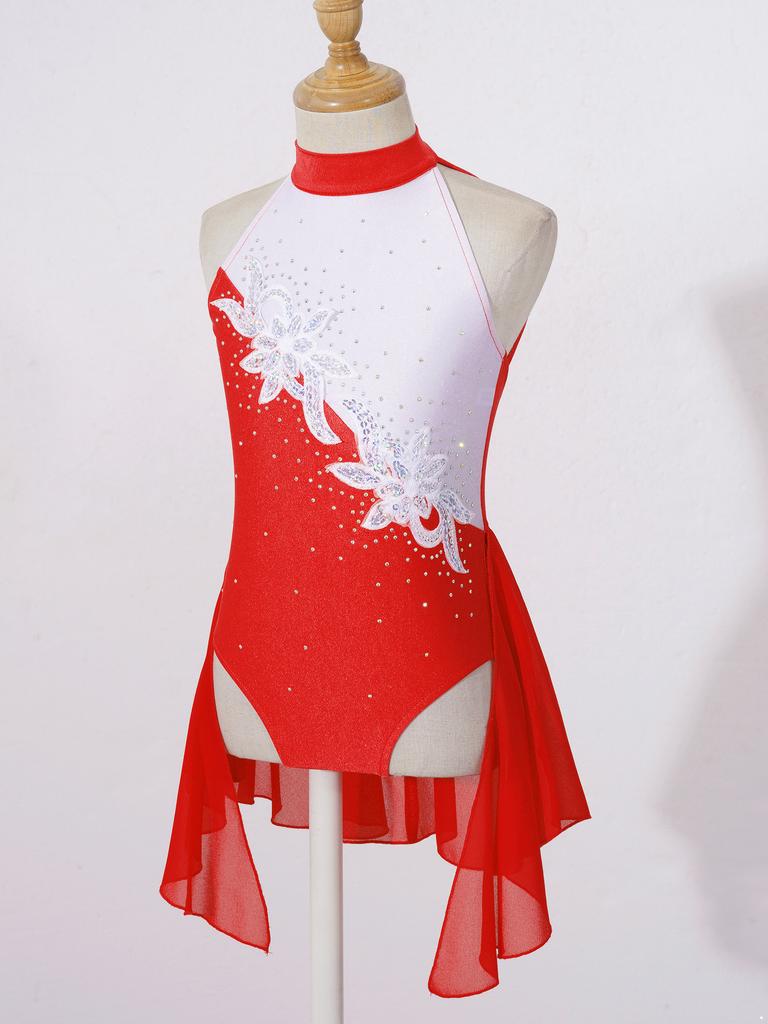 Kids Girls Sleeveless Backless Shiny Rhinestone Sequins Chiffon Dance Dress Gymnastic Skirted Leotard Dance Costume