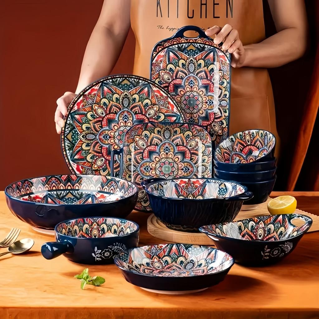 Bohemian ceramic plate 7-piece set cross-border high-value plate household new dessert plate underglazed plate spaghetti bowl