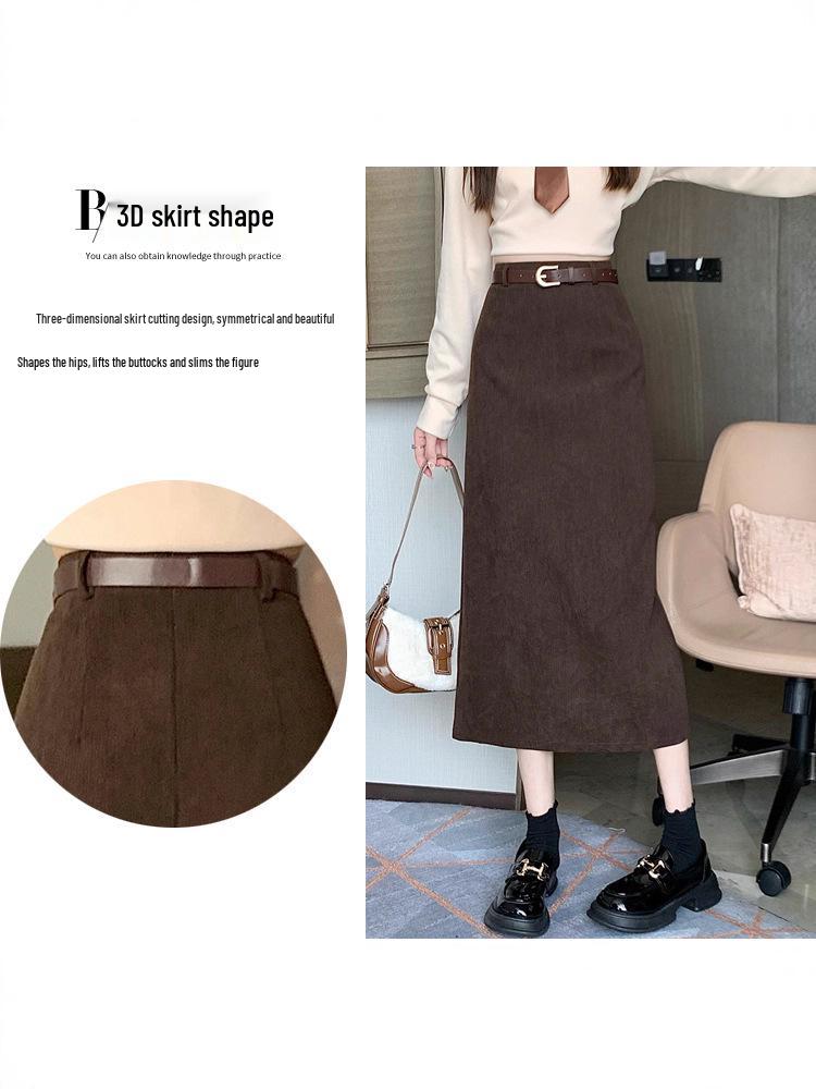 Женская вельветовая ретро осенне-зимняя приталенная прямая юбка с разрезом сзади