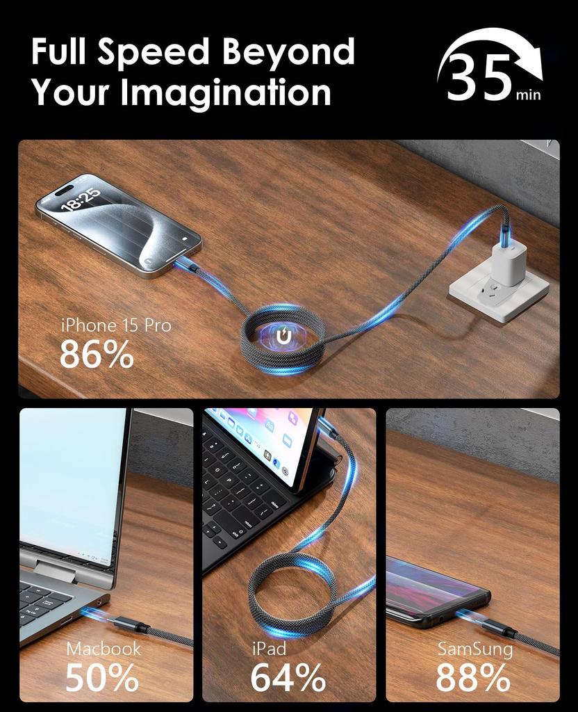 Magtame Magnetic Automatic Fast Metal Double Совместимость с кабелем Type-C, хранение, зарядка 240 Вт/5 А, кабель Type-C, совместимость с QC4.0/PD3.1, USBC-USBC