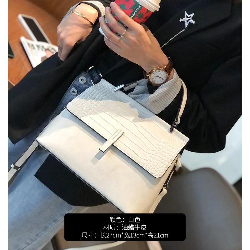 New Oil Wax Cowhide One-shoulder Diagonal Strap Bag Genuine Leather Women's Bag Crocodile Pattern Fashionable Temperament Women's Handbag