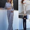 2Pcs/Set Women Tassel Sequin Party Outfit Set O-neck Long Sleeve Cropped Tops High Waist Wide Leg Long Pants Set
