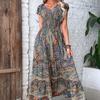 2023 Bohemian V-Neck Floral Print Maxi Dress with Waist-Cinching and Big Swing Skirt