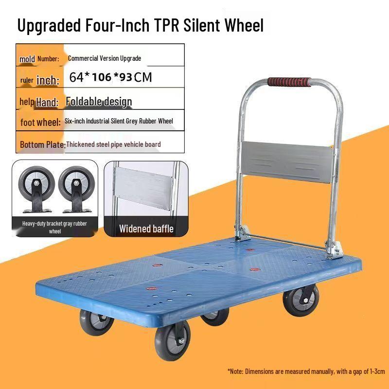 Heavy-duty Folding Flatbed Cart: Silent Four-Wheeled Hand Truck for Pulling Goods and Household Moving.