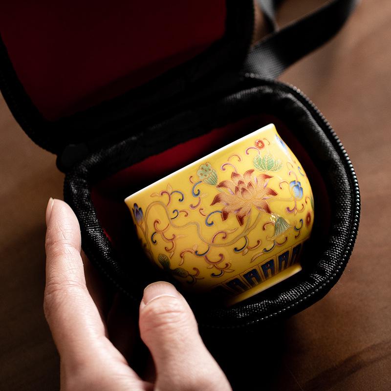 Chinese Enamel Ceramic Tea Cup Lotus Pattern Antique Style Master Cup for Gongfu Tea Elegant Personal Drinking Cup & Collection