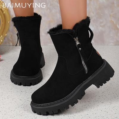Замшевые толстые женские зимние ботильоны короткие плюшевые туфли на среднем каблуке из хлопка 2025 года тренд зимние теплые повседневные удобные дизайнерские ботинки Mujer