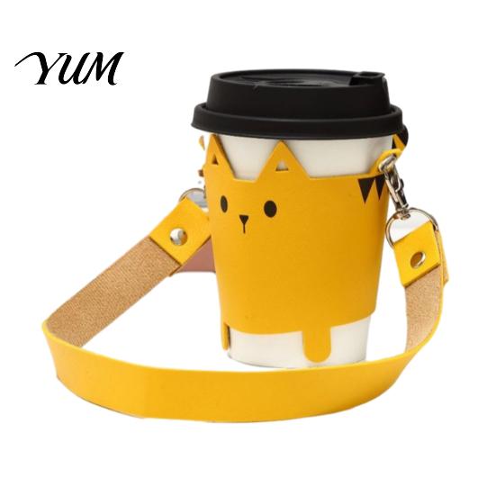 Adjustable Cup Carrier for Commute Cute Cat PU Leather Sleeve with Lanyard, Insulated Reusable Coffee Protective Silicone Alternative Holder, Portable