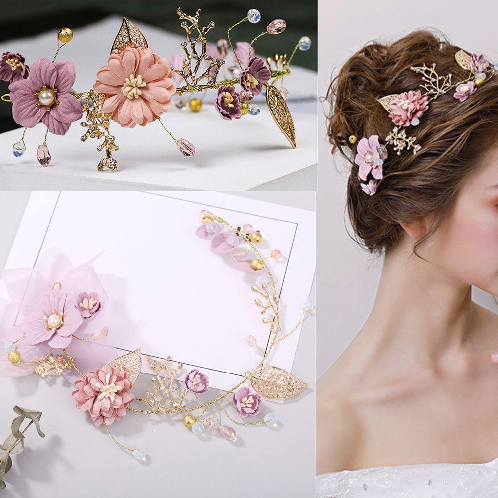 Hair Jewelry Headpiece Crown Headdress Purple Flower Tiara Bride Headwear Pearl Hair Band