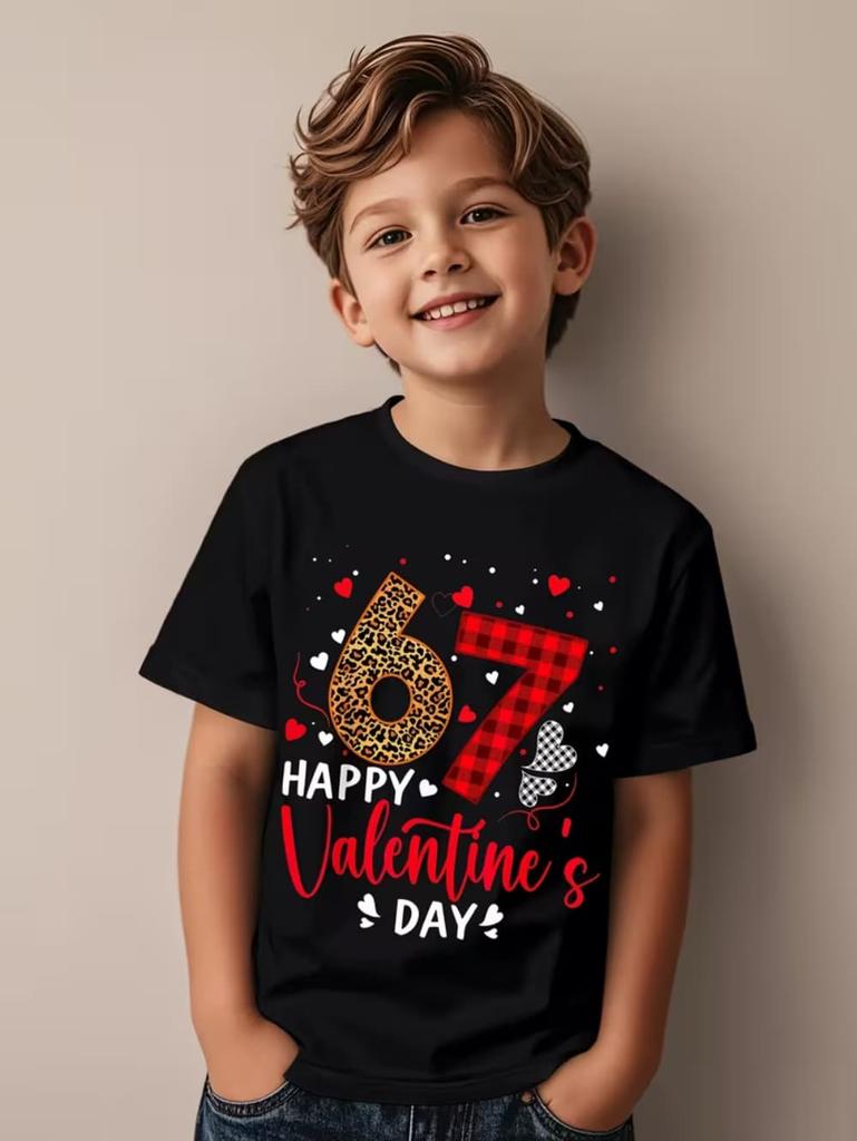 Valentine 67 Six Seven Meme Print T-Shirt 67 Number Round Neck Cute Casual Short Sleeve Comfortable T-Shirt Children's Clothing