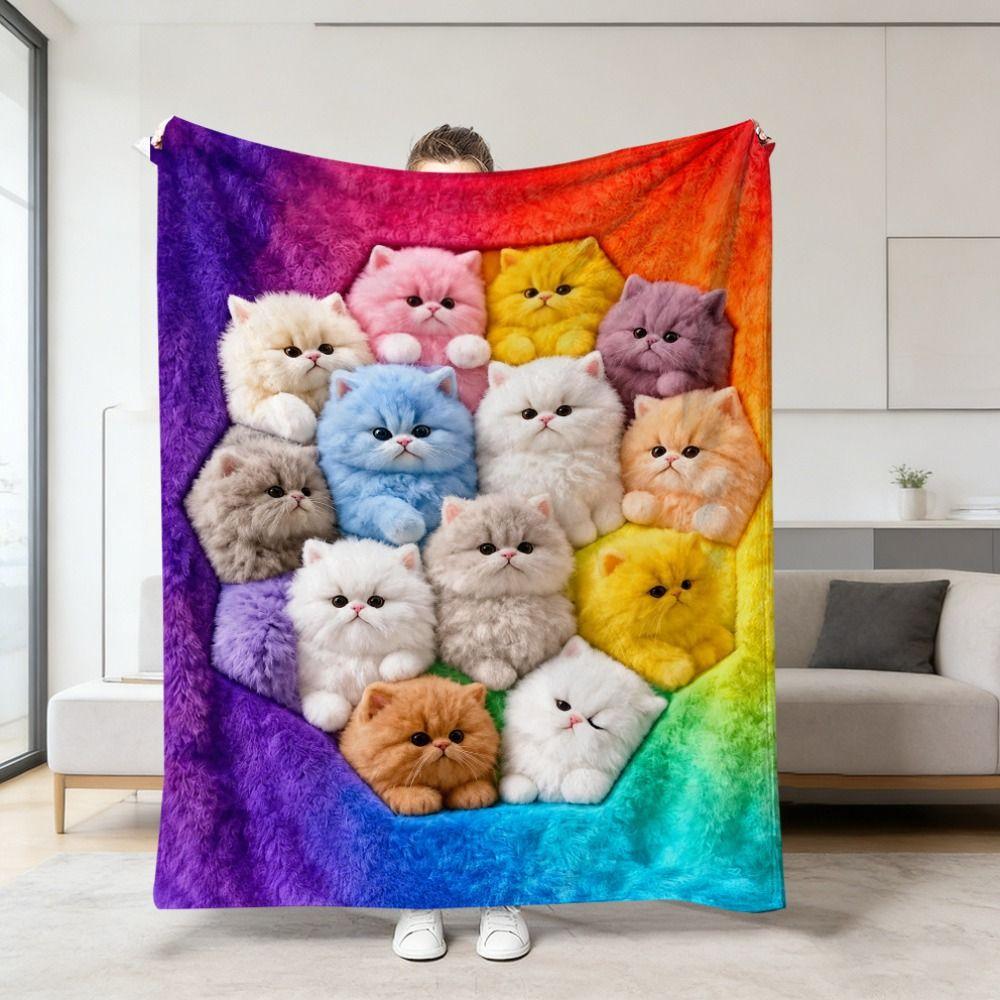 150x130cm Plush Blanket Rainbow Gradient Nap Blanket Cat Print Blanket for Kids Room Home Travel