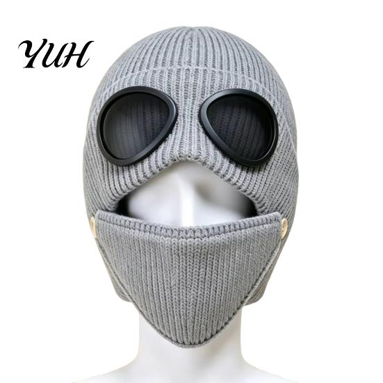 Retro Pilot Style Warm Cap Winter Knit Hat with Goggles, Unisex Ski Detachable Cold Weather Cycling Headgear Face Guard, Windproof Skull for