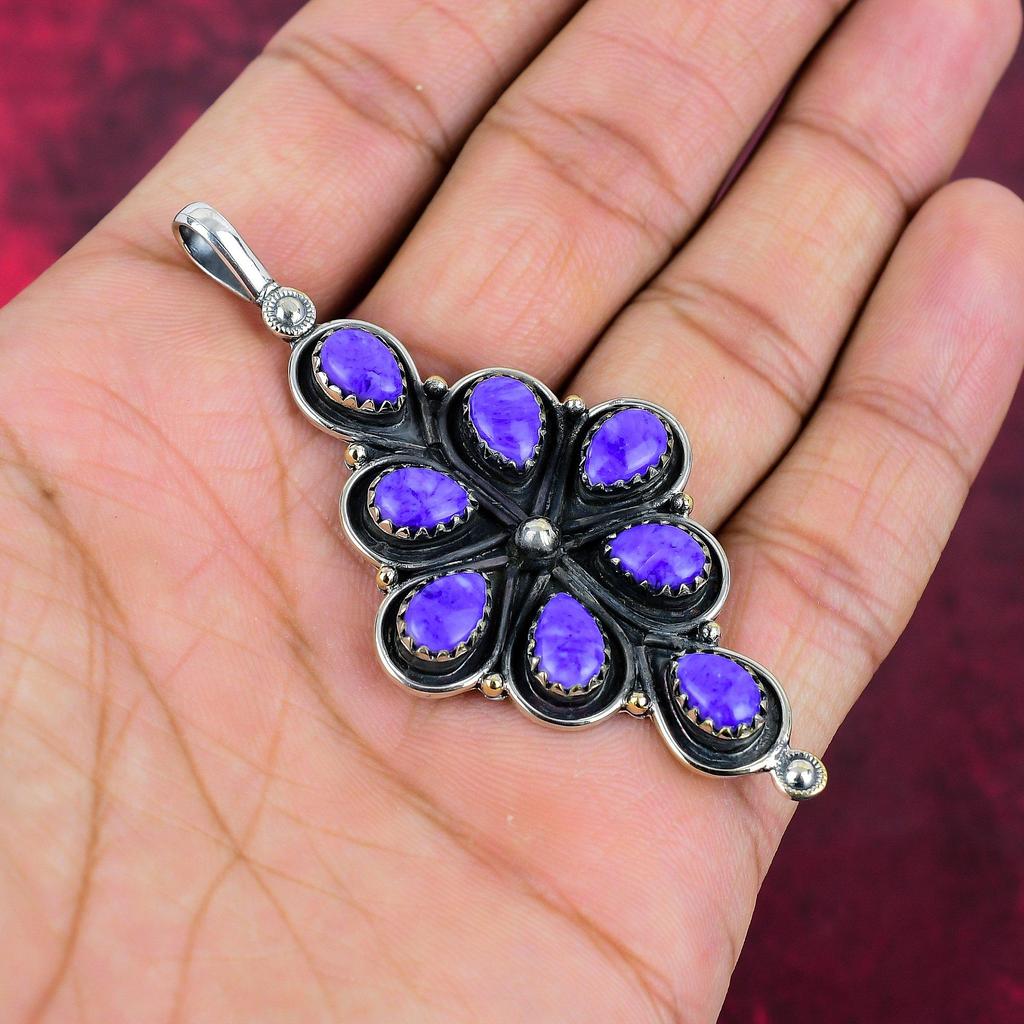 Подвеска из драгоценного камня чароит ручной работы, 925 пробы, серебряная подвеска, антикварная бижутерия, для подарка на помолвку