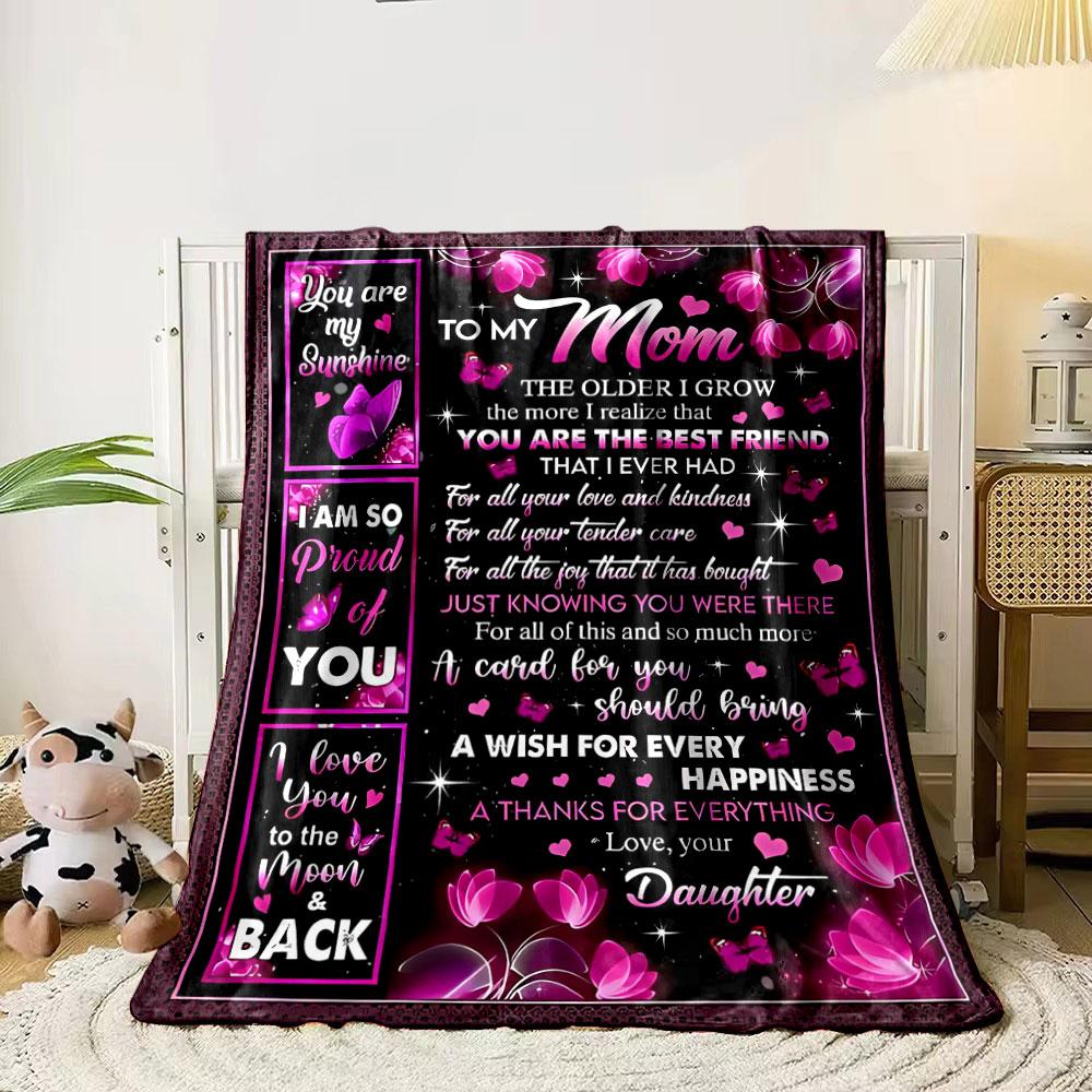 To My Mom Love Words Pink Butterfly Design, Warm Blanket Blanket for Livingroom Couch lunch break Soft throw for Friend's festival Gift