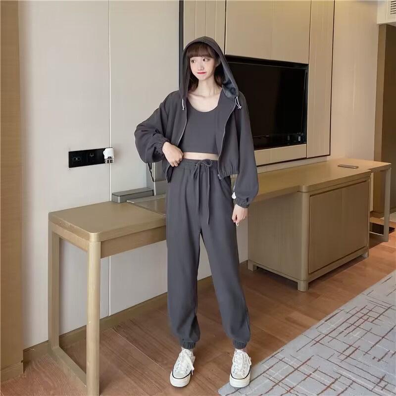 Women's Spring 2025 Three-Piece Tracksuit: Simple Hooded Jacket & Long Pants Set, Long-Sleeved Design