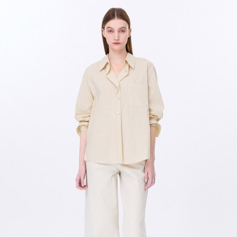 [shs Мисс] Полосатая рубашка с открытым воротником и карманом Swwstp12100