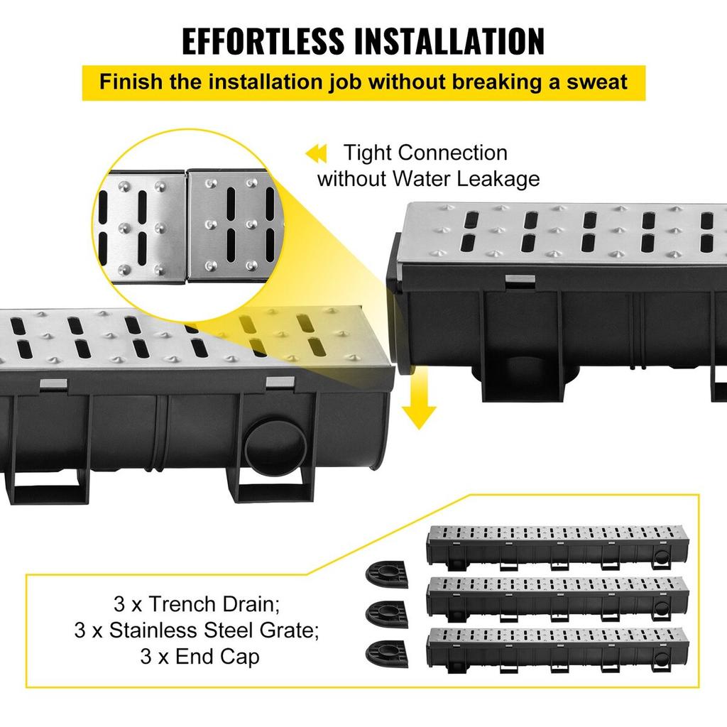 Trench Drain System, Channel Drain with Metal Grate, 150x130 mm HDPE Drainage Trench, Black Plastic Garage Floor Drain, 3x39 Trench Drain Grate, with