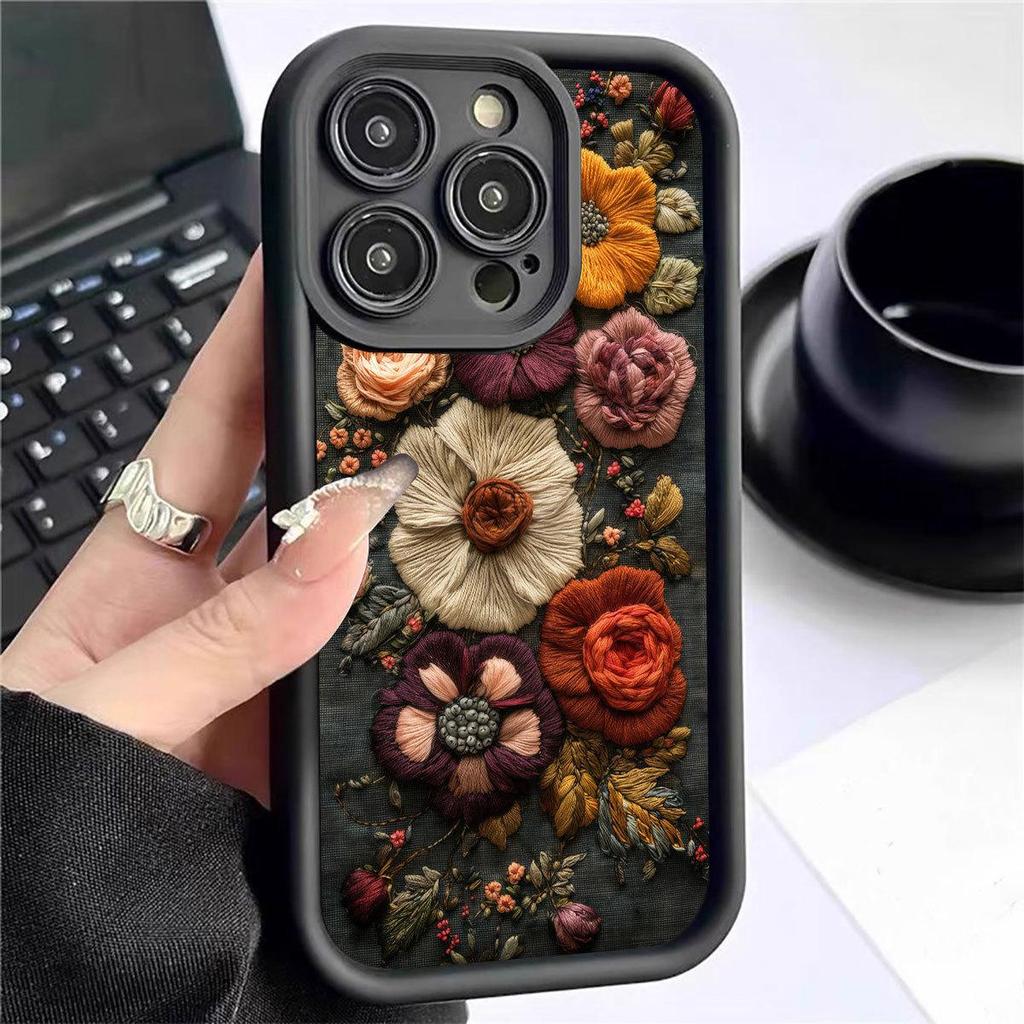 Черный шерстяной чехол-лестница с цветочным узором для iPhone 14/15/16/17 Pro Max
