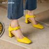 2024 Summer New Women Shoes Square Toe High Heels Cover Heel Shoes Women Genuine Leather Women Sandals Concise Retro Mary Janes