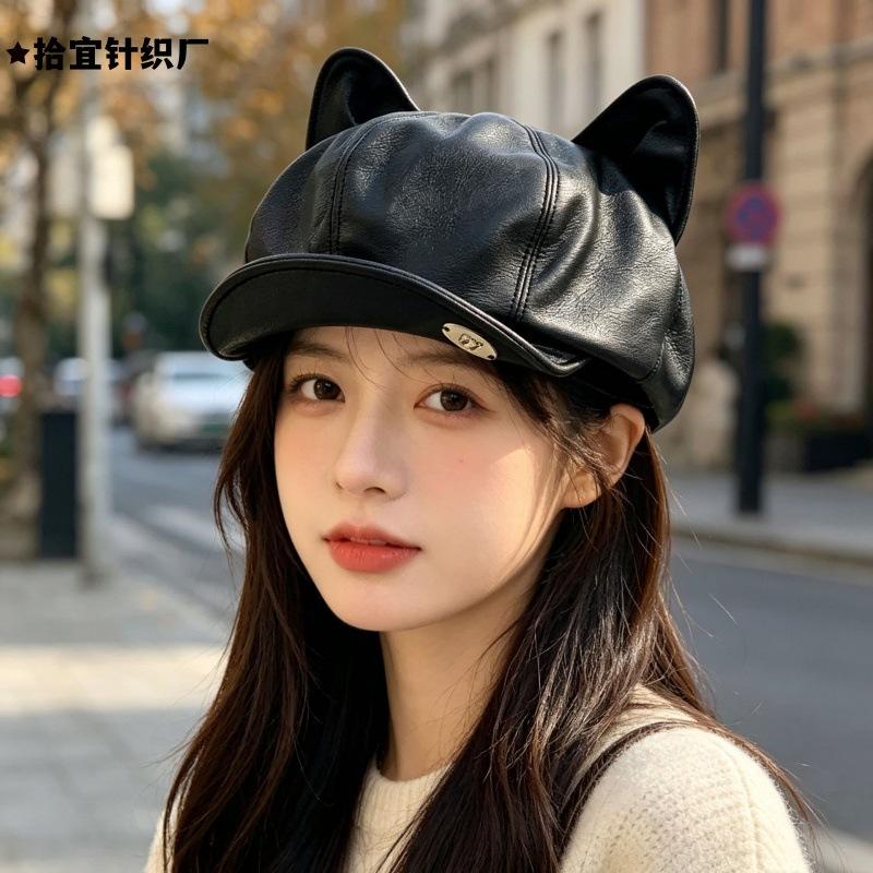 Octagonal hat women's cute cat ears show face small newsboy hat autumn and winter fashion retro painter hat beret versatile