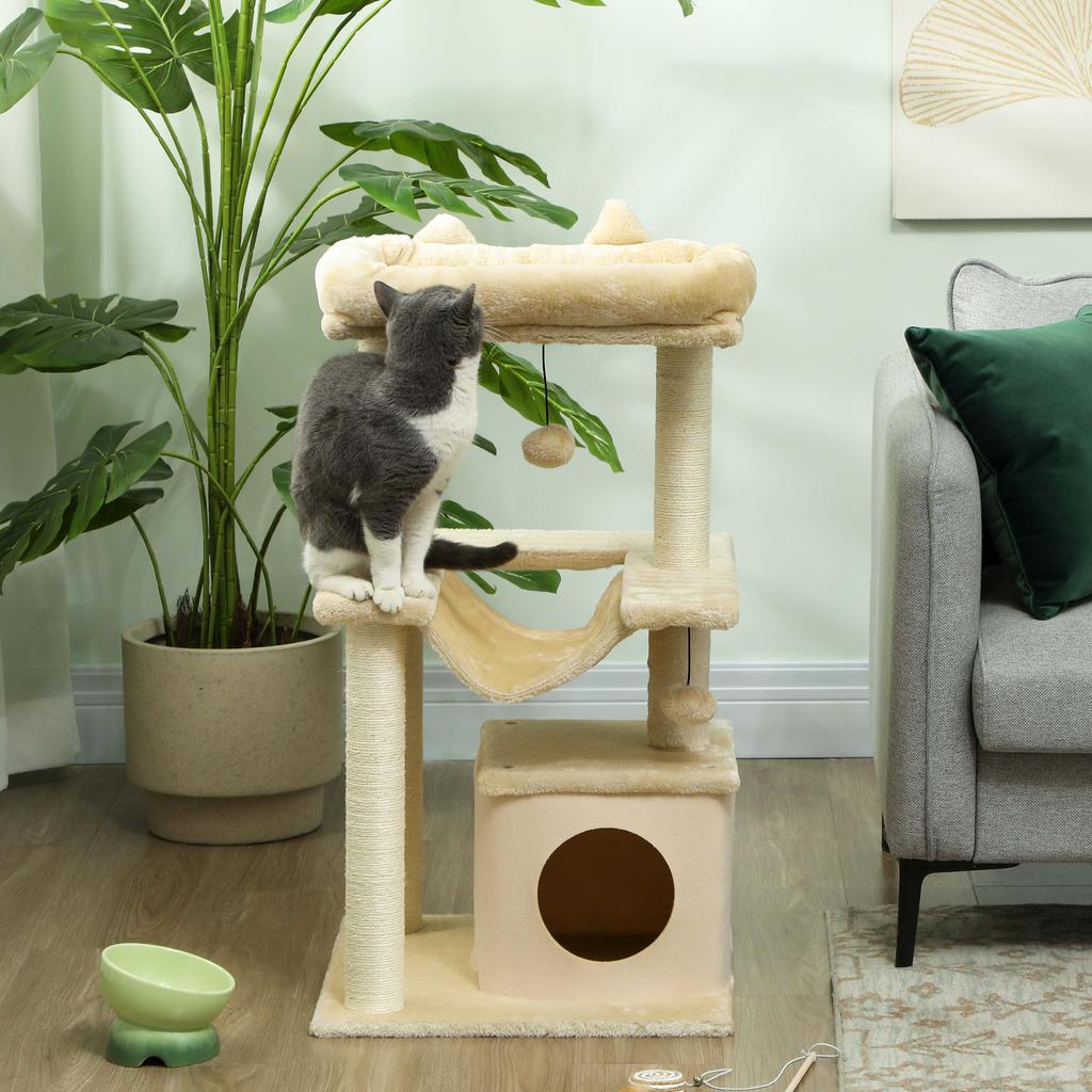 Cat Tree 90cm Cat Tower With Sisal Scratching Posts Cat Condo Hammock Top Perch And 2 Hanging Toys For Cats Beige