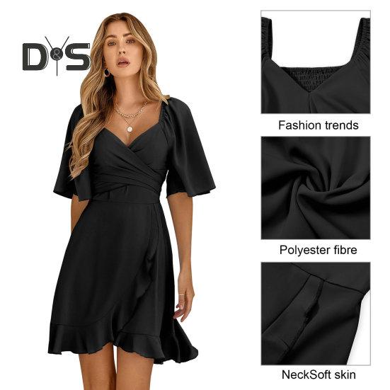 Женское мини-платье с v-образным вырезом и расклешенным коротким рукавом, с талией, с рюшами и подолом, однотонное повседневное короткое платье, уличная одежда