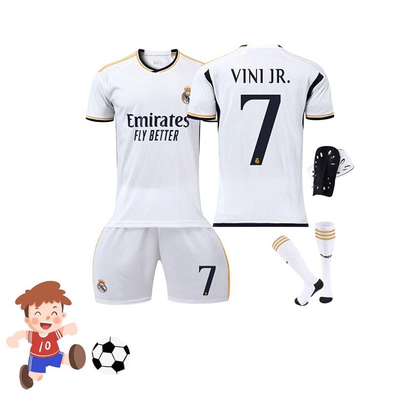 Real Madrid Home 7 Vini.jr Soccer Clothing Set Polyester Material Shirt Pants Socks And Protective Gear Included