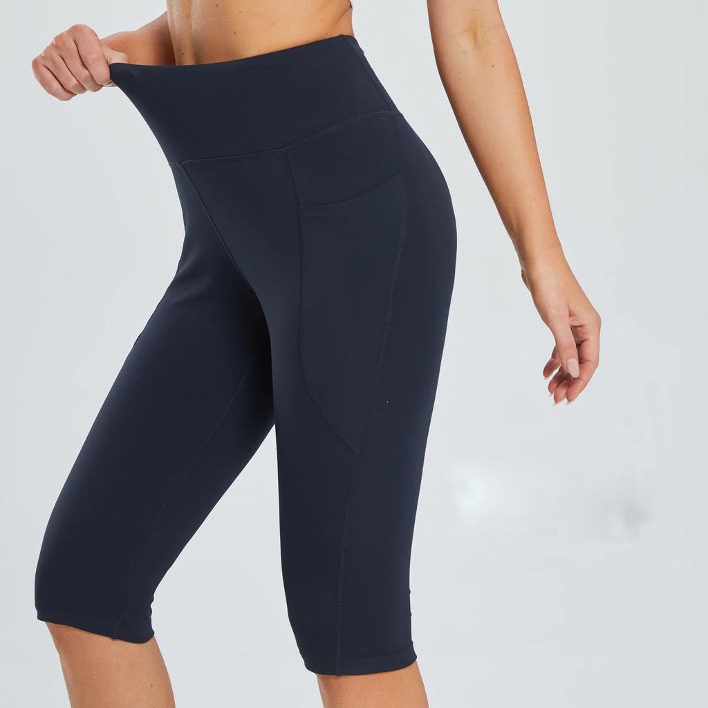 Women  Elastic High Waist 3/4 Pant Casual Active  Fit Wide Capris Leg Pants Trousers With Pockets