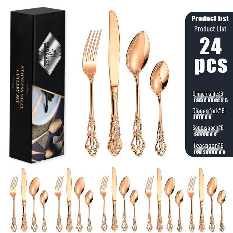 Набор столовых приборов Royal Court из 24 предметов из нержавеющей стали - Тисненые полые ножи для стейка, вилки и ложки