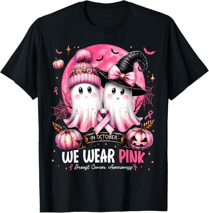 in October We Wear Pink Ghost Witch Breast Cancer Awareness T-Shirt