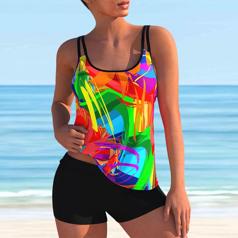 Женский купальник с бретельками на плечах, темно-синий купальник с пламенным принтом, бикини, купальник-танкини